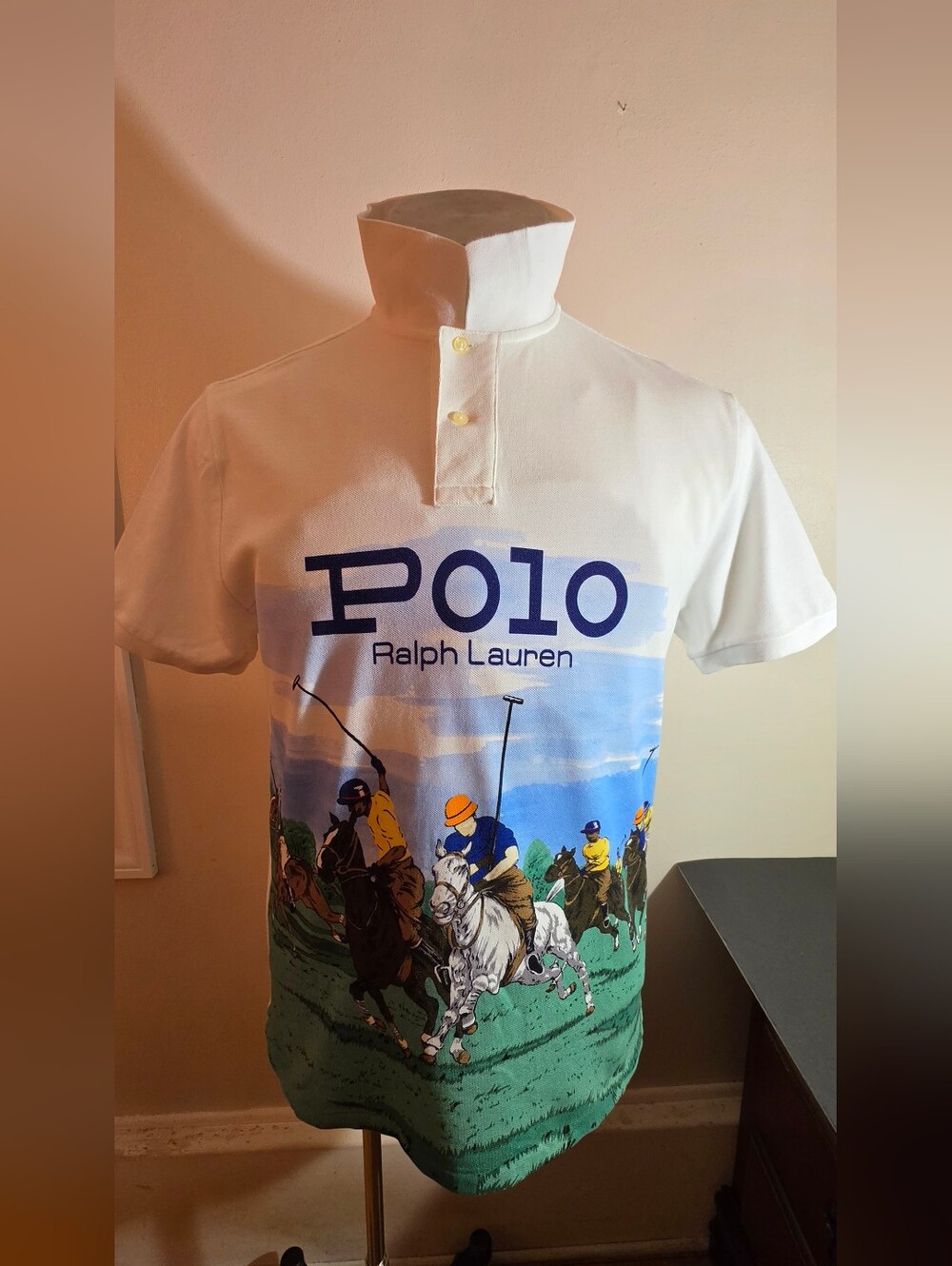 Ralph Lauren White Polo with Blue Sky and Green Field Polo Graphic
